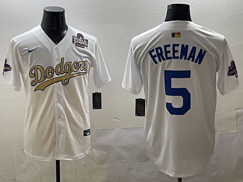 Men Los Angeles Dodgers 5 Freeman White Champion gold character 2025 Nike MLB Jersey style 33112